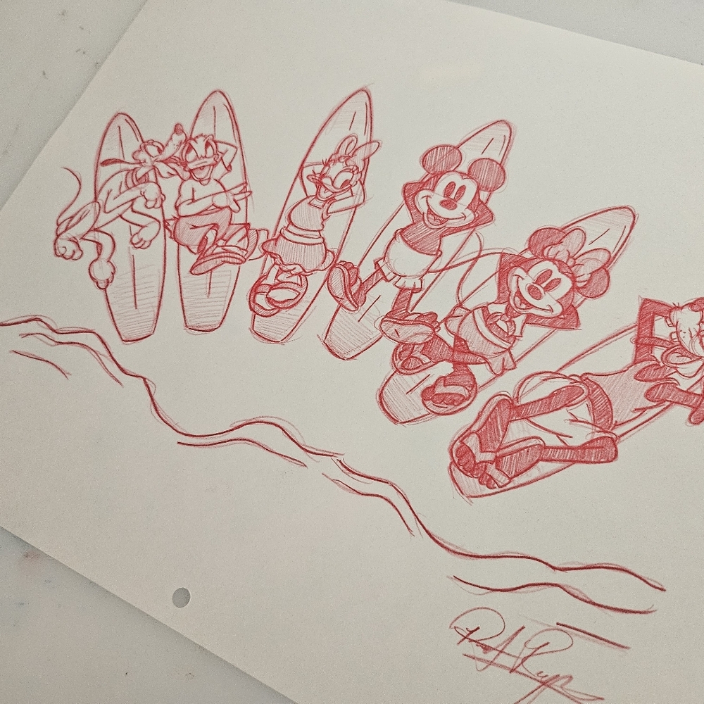 Disney Summer Mickey Minnie Goofy Donald Pluto Daisy Drawing/Sketch Handmade Art - Picture 4 of 6